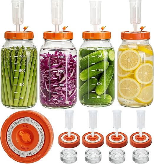 Fermentation Kit for Wide Mouth Mason Fermenting Jar, 4 Glass Weights,4 Lids with Date Marker,4 Airlocks (No Jars) Complete Pickling Sauerkraut Kit