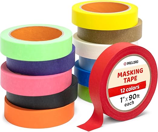 12 Rolls Colored Masking Tape - Painter’s Tape, 1 inch x 1080 ft - Easy-Removable, No Residue - Colorful Rolls for Kids Craft Supplies, Arts, DIY, Labeling, Decorations