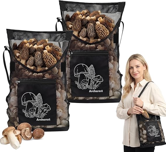 2 Pack D-shaped Opening Mushroom Foraging Bag, Morel Picking Mesh Hunting Pouch for Outdoor Foraging and Fruit, Mushroom Basket Harvesting Bags with Adjustable Shoulder Strap