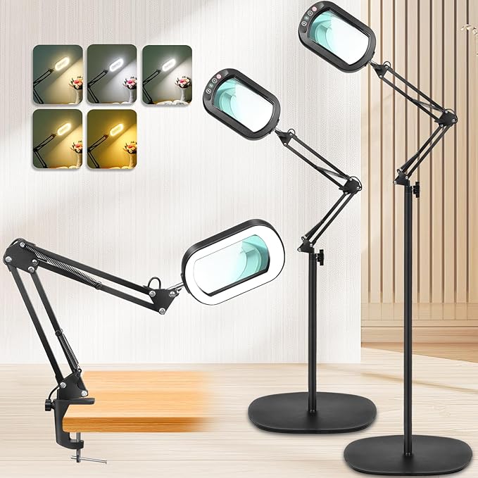 IVMAIE 12X Magnifying Glass with Light and Stand, Real Glass Lens, 5 Color Modes LED Dimmable Lighted, 3-in-1 Floor Lamp with Clamp, Hands Free Magnifier for Reading, Craft Sewing Painting Close Work