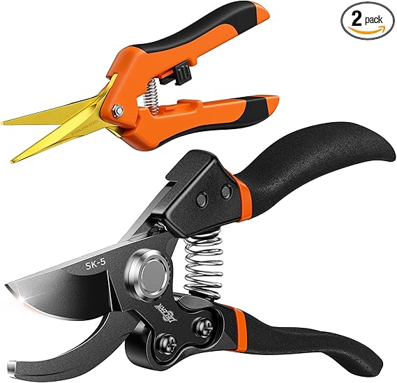 Decerk® 2 Pack Pruning Shears Set, 8.5" Bypass Hand Pruner & 6.5" Precision Snips with Sharp SK5 Steel Blades, Garden Clippers Scissors for Fresh Branch Plant Flower Bonsai