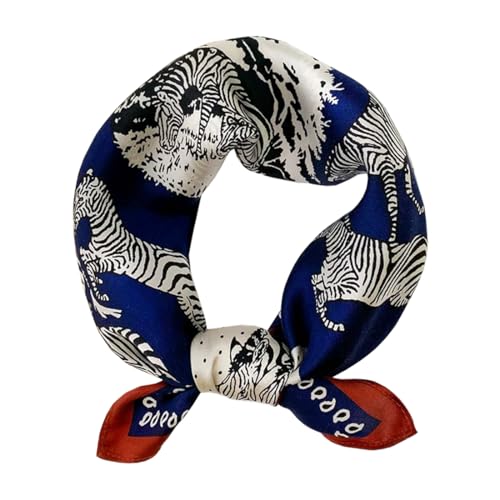 ANDANTINO 100% Real Mulberry Silk Scarf -21'' x 21''- Lightweight Neckerchief –Women Men Small Square Digital Printed Scarves(Zebra-Navy&Brown)