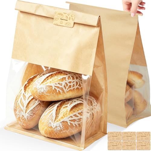 Extra Large Bread Bags for Homemade, 50 Count, 50% Thicker Sourdough Paper With Ties, 15.7 * 10.2 * 5.1 in, Tin Tie Tab Lock Bakery Bags With Window and Sealing Stickers for Storage Packaging Gifting