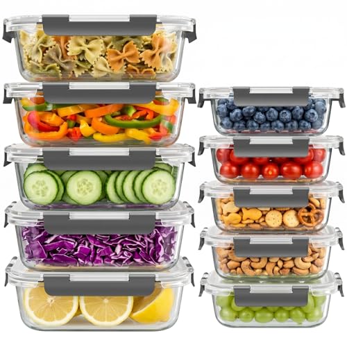 Dealusy 10 Sets (20-Piece) 4.5 Cup & 1.5 Cup Glass Food Storage Containers with lids, Airtight Leak-proof Glass Meal Prep Containers with Lids, Microwave Oven Freezer Dishwasher Safe, Gray