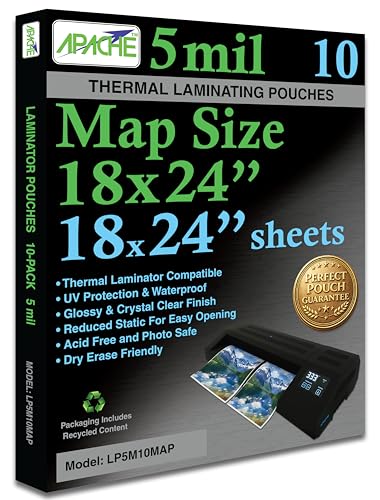 Apache Map Size Laminating Pouches, 5 Mil, 10 Pack, 18 x 24 Inch Pouch Size Laminating Sheets, Thermal Laminator Compatible, Super Clear, Round Corners