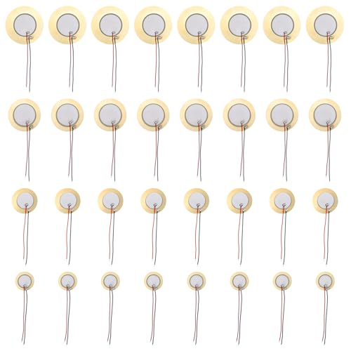 32Pcs Piezo Disc Transducer, 4 Sizes 20mm, 27mm, 35mm, 41mm, Acoustic Contact Microphone Piezo Pickup with Wires for Acoustic Guitar, Drum Triggers, Microphone Trigger Element