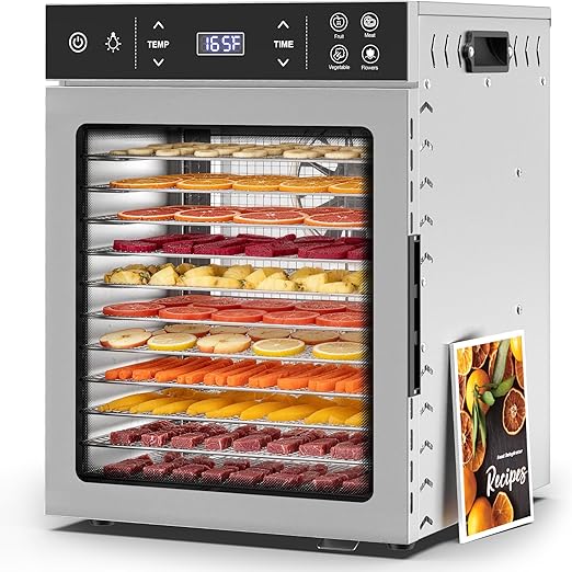 Suteck 12-Tray Food Dehydrator, 800W Dehydrator Machine with Stainless Steel Trays, Dual Fans & 360° Airflow, Digital Temp & Timer Control with 4 Presets, Quiet Dryer for Jerky, Fruit, Meat, Herbs