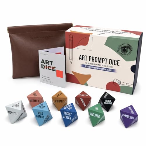 Art Prompt Dice, 9 Wooden D8 Art Dice for Drawing Prompts, Painting Inspiration, Sketch Practice and Creative Ideas, Gift for Artists, Art Students and Teachers (Art Edition)