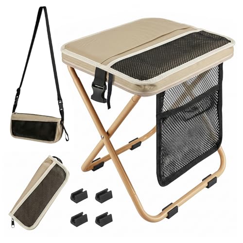 Zghncslong 16" Extra Tall Portable Collapsible Stool,Sturdy and Durable Folding Backpack Stool with 3 Side Pockets,Ideal for Camping, Hiking, Outdoor Activities Portable Chair (Khaki)