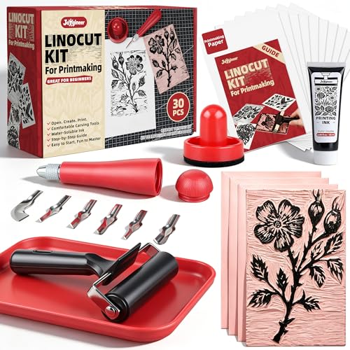 Linocut Kit for Printmaking - Block Printing Kit with 4 Soft-Cut Linoleum Blocks, Ink, Brayer Roller & Carving Tools - Rubber Stamp Making Kit for Beginners - Arts and Crafts for Adults DIY Gift