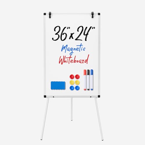 DUMOS Magnetic White Board Easel 36"x24", Silver Aluminium Frame & White
