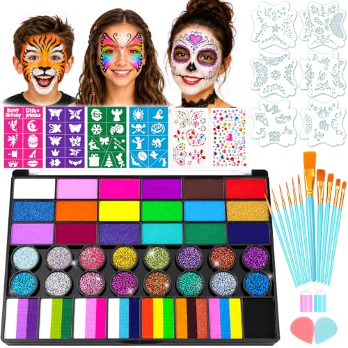 42-Color Face Paint Kit with Split Cake, Glitter & UV Face Paint | Water-Activated Formula with Brushes, Stencils & Accessories for Halloween, Birthday Parties, Cosplay & Festivals