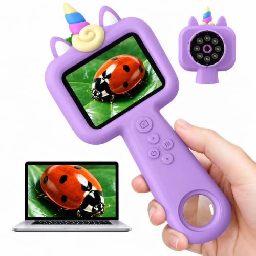 Kids Microscope, 2.4" Screen Handheld Digital Microscope 600X with 4K Camera & 8 LED Lights, Portable Pocket Microscope for Bugs Plants Nature Exploration, STEM Science Toy Gift Ages 3-12(Purple)