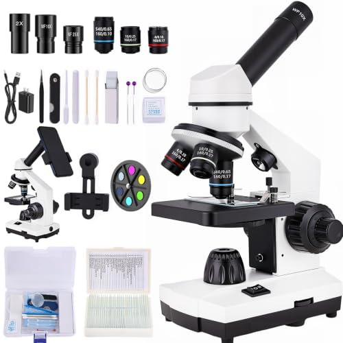VOBU Microscope for Adults,WF10x/25x Eyepieces,40x–2000x Magnification,Up/Down LED,Comes with a Free Experiment Kit & Phone Adapter.Suitable for Students Home and School Lab