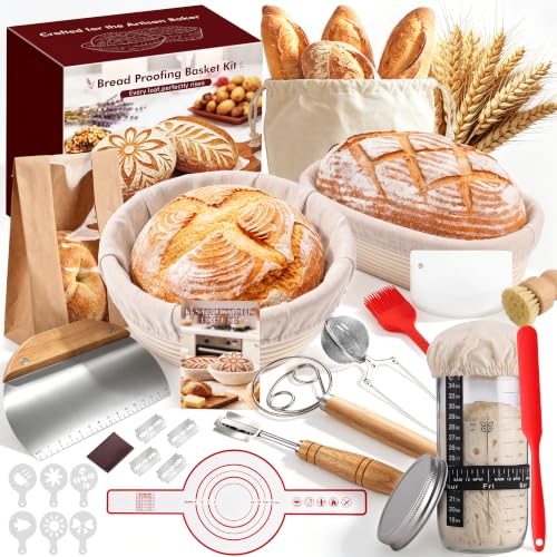 Sourdough Starter Kit with Rattan Banneton Baskets, Jars, Baking Tools
