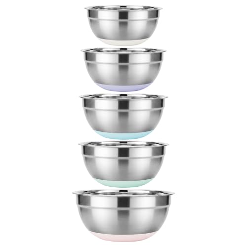 Idymere 5PCS Stainless Steel Mixing Bowls Set With Non-Slip Silicone Base | 1.5/2/2.5/3.4/5.3Qt, Nesting Space Saving, Dishwasher Safe, Metal Prep Bowl For Mixing Baking, Serving, Kitchen Food Storage