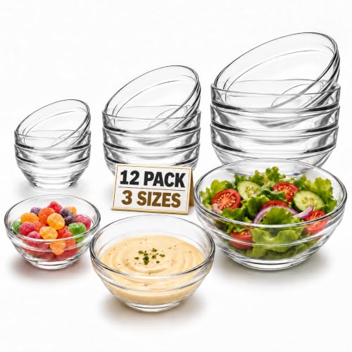 Farielyn-X® Glass Prep Bowls, 12-Piece Set, 1.5/2.5/4 oz, 3 Sizes | Clear glass prep bowls for mise en place, spices, sauces and ingredients; includes four bowls each in three useful sizes