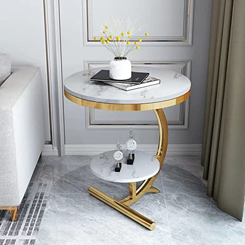 ry White Marble Sofa Side Table - Modern Double Layer Round Coffee Table for Living Room & Bedroom 45cm Small End Table Slish Corner Fur