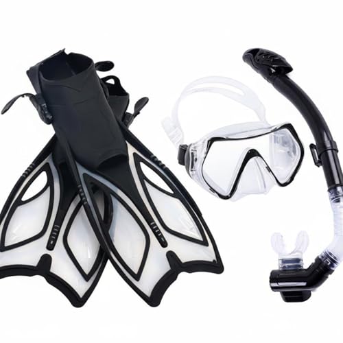 Menolana Fins and Snorkel Set with Snorkel Facepiece Flippers Gear with Impact Resistant Glass Lens and Snorkel for Adjustable Open Heel Fins Fit Many Sizes, Black, L