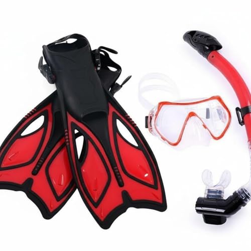 Pegciuho Fins and Snorkel Set with Snorkel Facepiece Flippers Gear Featuring Wide View and Snorkel for Water Quick Release Buckles Flexible Silicone Seal, Red, L