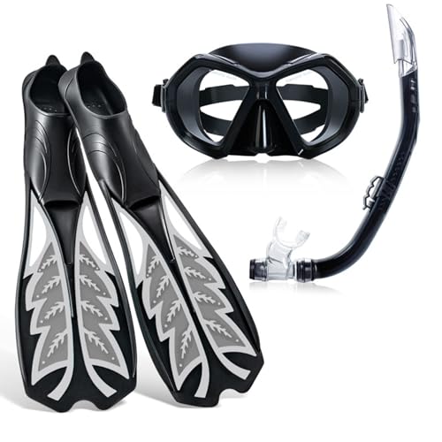 FUNFANG Snorkeling Gear High Clear Lens Mask Diving 3Piece Set Semi Dry Snorkel with Food Grade Silicone Professional Diving Fins (M)