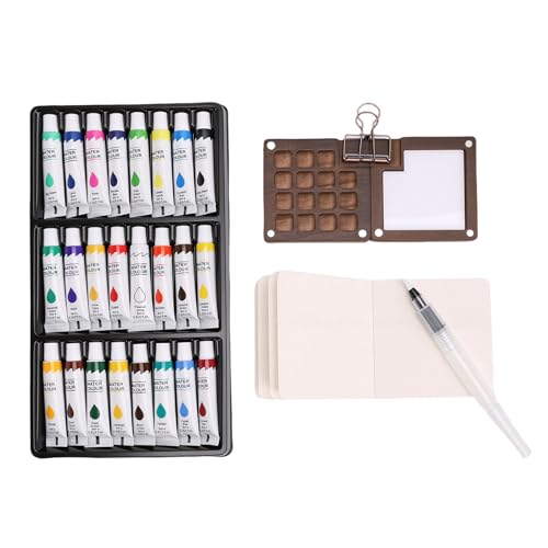 Mingzhe Portable Mini Watercolor Paint Kit 24 Vibrant Colors Wood Palette