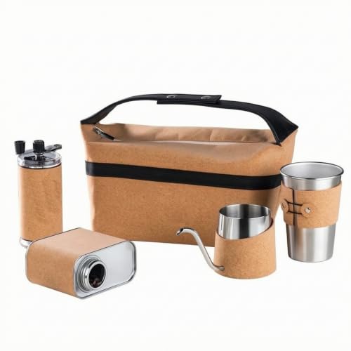 YWJLQH Manual Coffee Set With Cork Texture And Stainless Steel Body For Pour Over Portable Maker Kit With Gooseneck Kettle Cup Bean Container And Carrying Bag