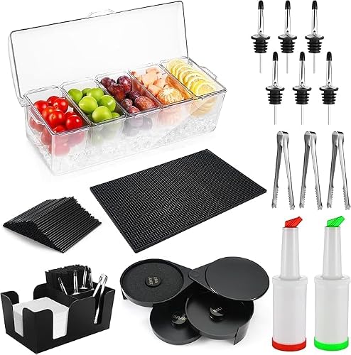Bartending Supplies - 18" x 12" Bar Mat Garnish Tray with Lid Bar Caddy 3 Tier Bar Glass Rimmer, 2 Plastic Juice Pour Bottles 3 Mini Tongs 12 Classic Liquor Bottle Pourers 500 Cocktail Straws(Clear)