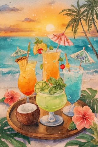 Tropical Beach Cocktail Diamond Painting Kit, Watercolor Sunset Ocean Palm Tree Hibiscus Drink DIY 5D Diamond Art, Summer Wall Decor, 18x25 Inch